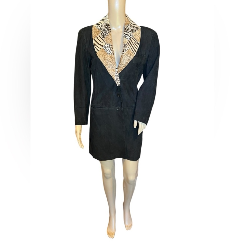 Mario Valentino Black blazer mini dress bold mixed animal-print lapel size M